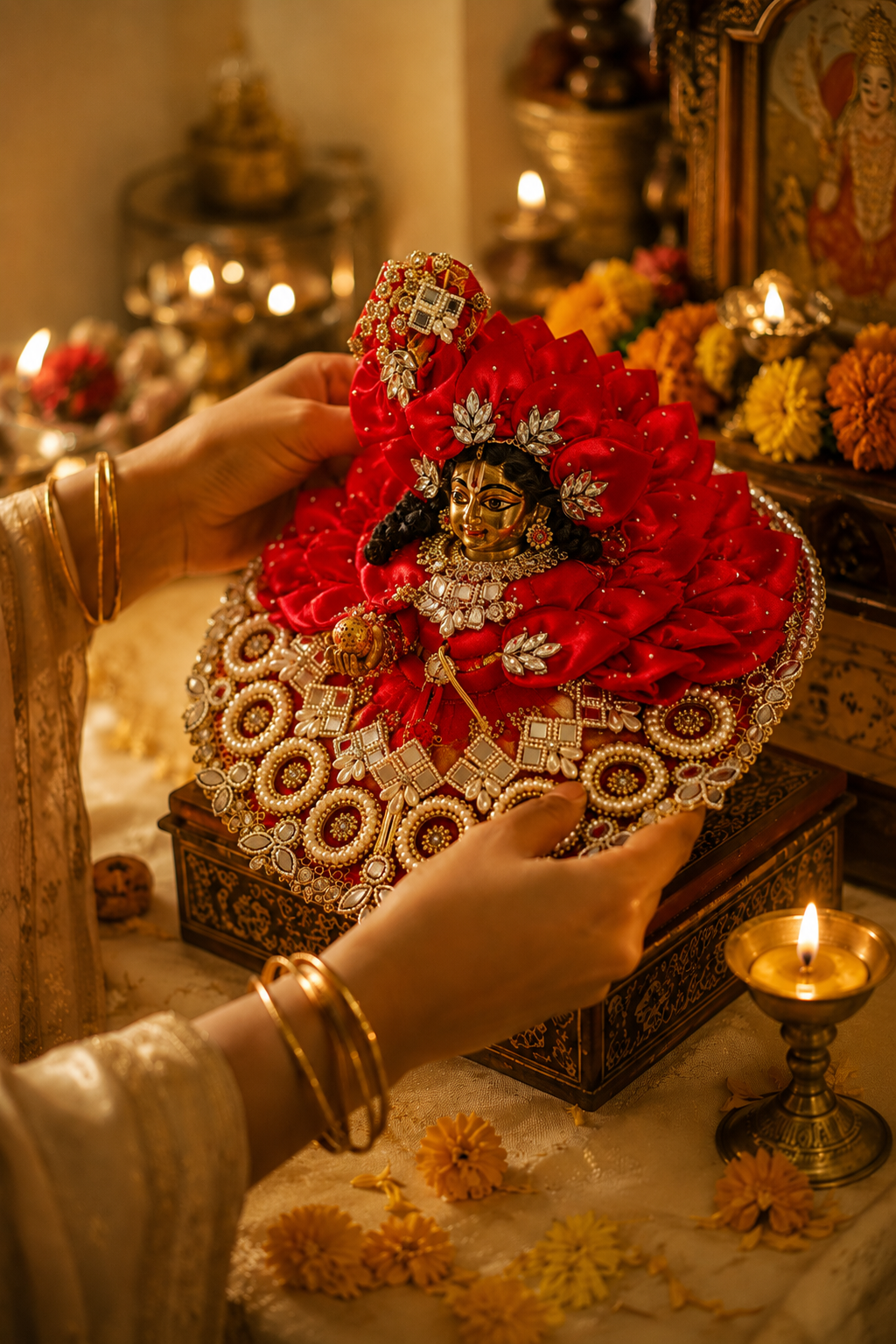 Devotee hands lovingly draping a silk Poshak on Laddu Gopal